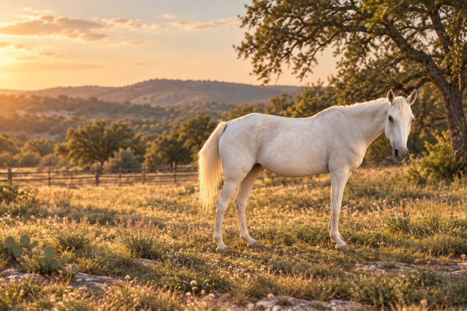 White horse in a Texas Hill Country pasture beneath live oak trees
